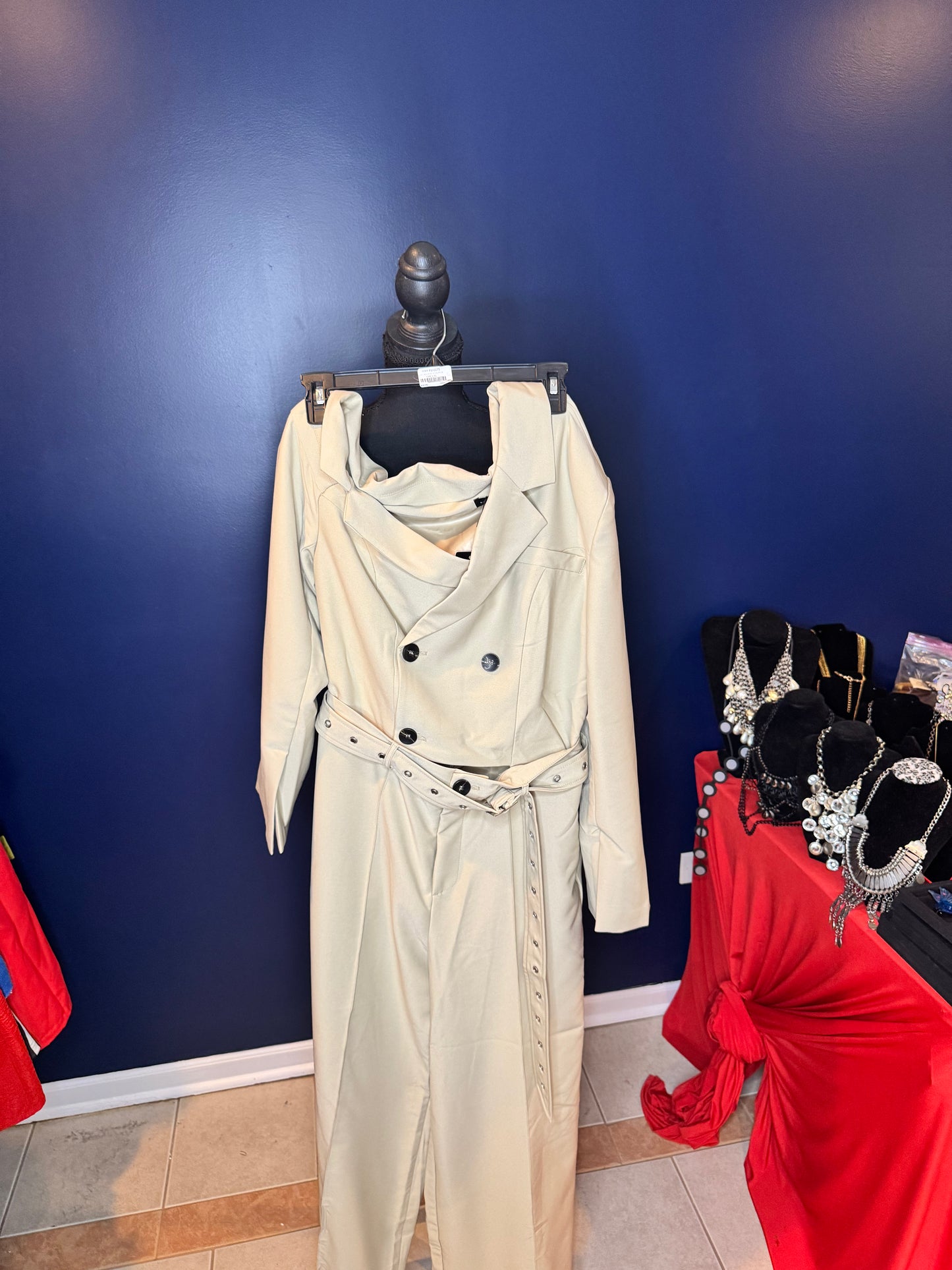 One Shoulder Trench Jumpsuit (slit in middle) with waist belt Large