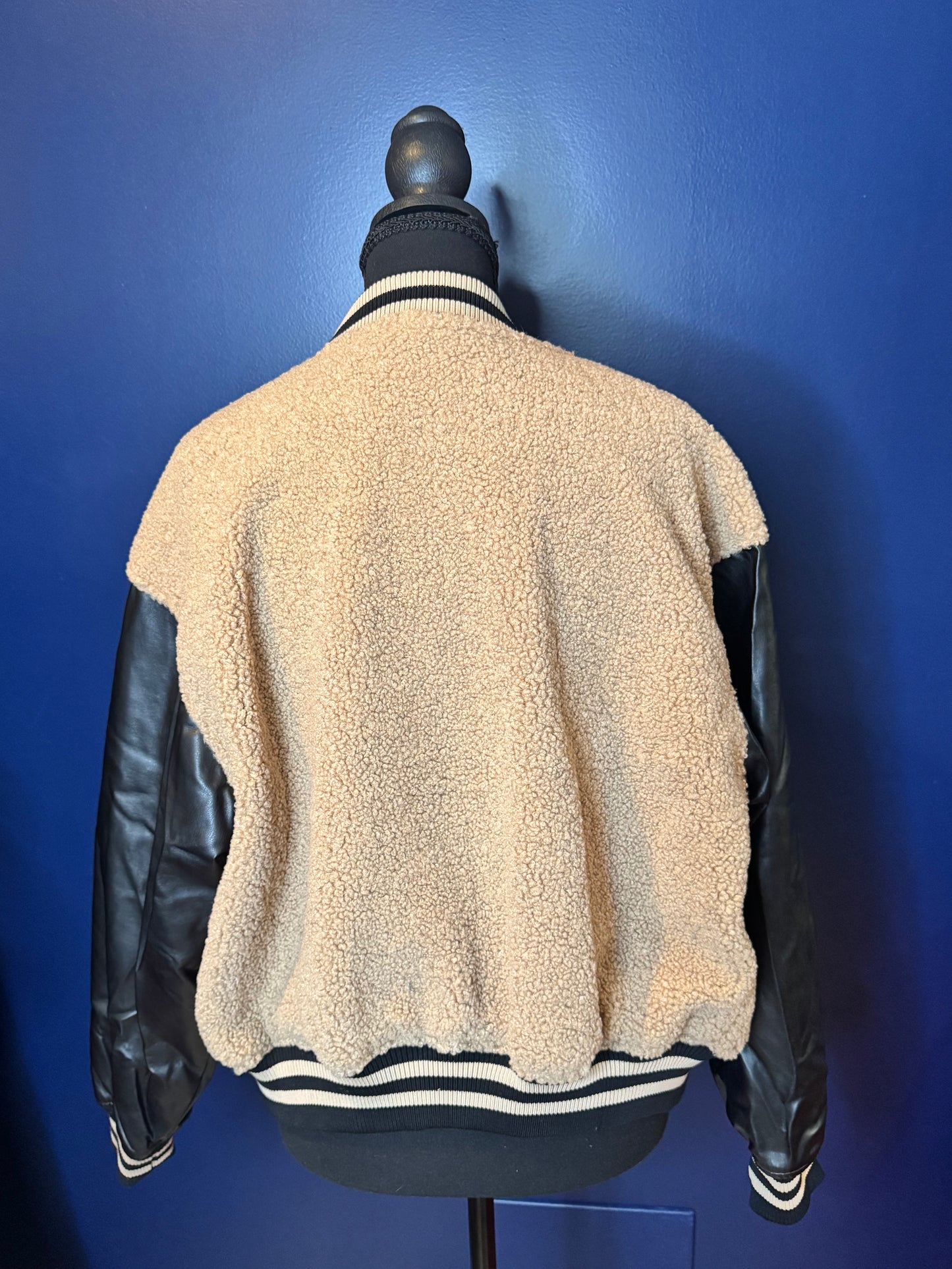 Black Leather and Beige Sherpa Letterman Jacket