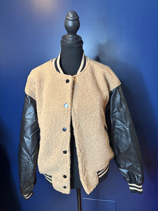 Black Leather and Beige Sherpa Letterman Jacket